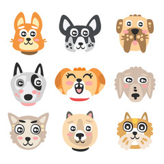 Obraz na płótnie Canvas Set of funny cartoon dogs heads. Dogs of different breeds colorful character vector Illustrations