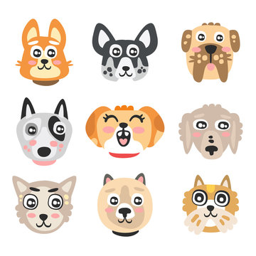 Set of funny cartoon dogs heads. Dogs of different breeds colorful character vector Illustrations