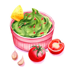Guacamole - traditional mexican avocado sauce in bowl with nacho, tomatoes and garlic.. Watercolor illustration isolated on white. National mexican food.
