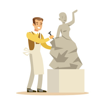 Young man sculptor working on his sculpture. Craft hobby and profession colorful character vector Illustration