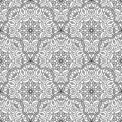 Black and white seamless oriental pattern. Monochrome seamless background with mandalas. Hand-drawn vector illustration. Anti stress coloring tile.