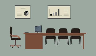 Conference hall. The office room is prepared for the meeting. There is a large desk, black chairs and posters with diagrams in the picture. On the table is a computer. Vector illustration.