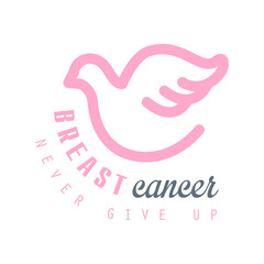 Breast cancer, never give up label. Vector illustration in pink colors