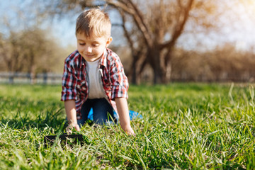 Cheerful boy crawling on hands and knees in backyard