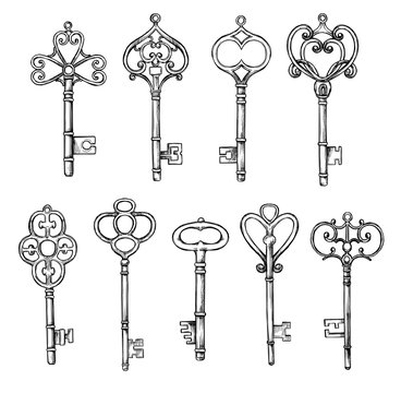 Hand sketched vector illustrations - collections of vintage keys. Design elements with decorative symbols. Medieval keys. Retro clipart. Perfect for invitations, magazins, postcards, prints etc