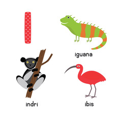 Cute Animal Zoo Alphabet. Letter I for iguana, ibis, indri
