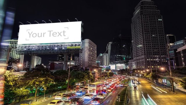 4K resolution Timelapse Cinemagraph,  The blank white billboard beside the road at night, Advertising background for add your text promotion or product in scene traffic communication