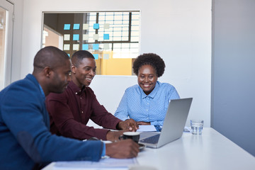 Smiling young African businesspeople working on a laptop together