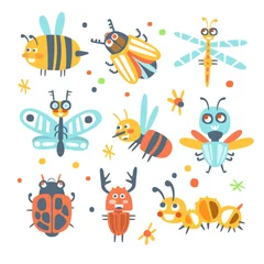 Fotobehang Cute cartoon bugs set. Funny insects colorful cartoon characters © topvectors