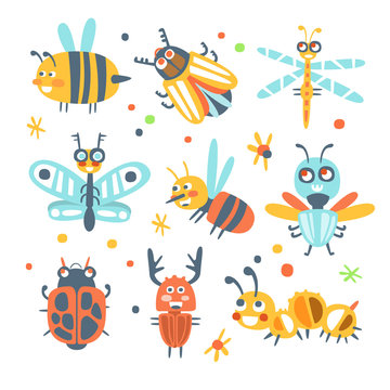 Cute cartoon bugs set. Funny insects colorful cartoon characters