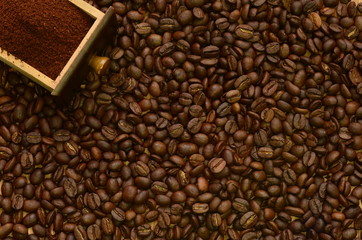 Coffee-grinder box with ground coffee over coffee-beans