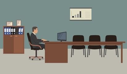 Web banner of an office worker. The young man is an employee at work. There is a brown furniture, black chairs, a cabinet for documents, poster with diagram in the picture. Vector flat illustration