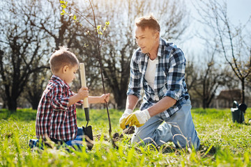 Fototapeta premium Dad and son working in yard together