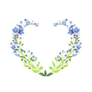 Watercolor heart-shaped. Blue forget-me-nots with green leaves on white background. Can be used as wedding invitations or greeting card, print, your banner or Postcards for Valentine's Day.