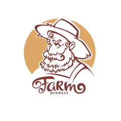 vector portrait of old farmer in hat and farm lettering composition for your logo