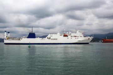 Fototapeta na wymiar Ocean cargo ship sheltered from a storm in the bay of the port, Batumi, Georgia