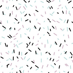 Memphis design. Organic abstract seamless pattern. Fashionable black and pastel lines on white background. Trend of the 80s, 90s. Modern print. Funky background.