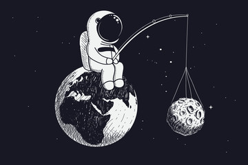 little astronaut sits on the Earth and keeps Moon © Galacticus