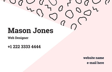 Fashion business card template in the style of Memphis. A perfect combination of pastel pink color and black organic pattern. The linear zig-zags, and circular spots. Funky design.