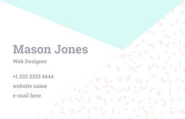 Fashion business card template in the style of Memphis. Perfect combination of pattern and geometric shapes. A pattern of pastel mint triangle and pink dashes. Funky design.