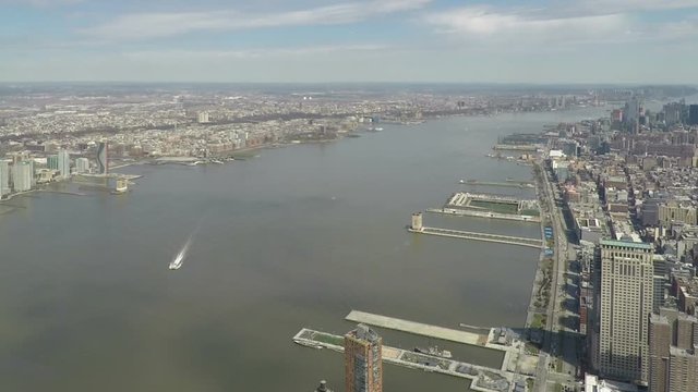 New York panoramic view from One World Trade Center Observatory.
Day view inside window of Freedom Tower, 1 WTC in Lower Manhattan, New York City at 285 Fulton Street.
