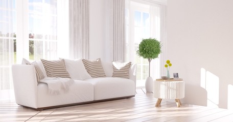 White modern room with sofa. Scandinavian interior design. 3D illustration