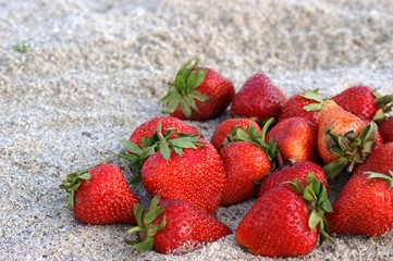 Strawberries in the sand, beach, sea, summer