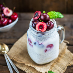 Healthy Dessert Pudding from Chia Seeds and Nut Milk with Cherri
