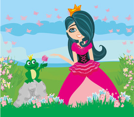 Obraz na płótnie Canvas Beautiful young princess and big frog