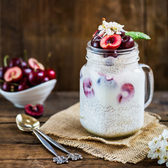Healthy Dessert Pudding from Chia Seeds and Nut Milk with Cherri