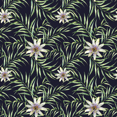 Watercolor pattern with palm tree leaves and passiflora. Hand painted exotic greenery branch and flowers  isolated on dark blue background. Botanical illustration. For design, print or background