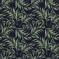 Naklejka na ściany i meble Watercolor pattern with palm tree leaves. Hand painted exotic greenery branch isolated on dark blue background. Botanical illustration. For design, print or background