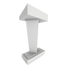 3d Speaker Podium. White Tribune Rostrum Stand with Microphones. 3d render isolated on white background. Debate, press conference concept