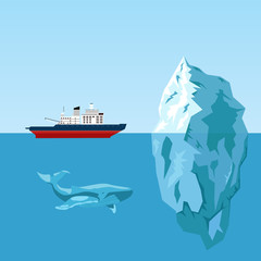 Diesel icebreaker ship, iceberg and whale. Flat style illustration