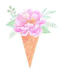 Watercolor illustration. Ice cream with Floral elements. Bouquet with peonies, leaves and branches. Perfect for Wedding invitation, greeting card, prints or posters.