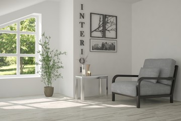 Fototapeta na wymiar White room with armchair and green landscape in window. Scandinavian interior design. 3D illustration