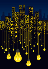 Night city and glowing light bulbs hanging on wires. Energy saving concept