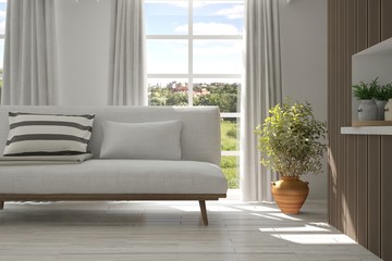 White room with sofa and green landscape in window. Scandinavian interior design. 3D illustration
