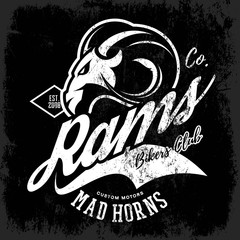 Obraz premium Vintage American furious ram bikers club tee print vector design isolated on black background. Street wear t-shirt emblem. Premium quality wild animal superior mascot logo concept illustration.