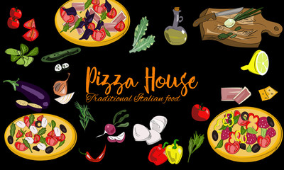 Hand drawn Italian pizza background with dishes and drawn vegetables.
