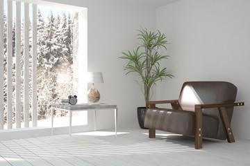 White room with armchair and winter landscape in window. Scandinavian interior design. 3D illustration