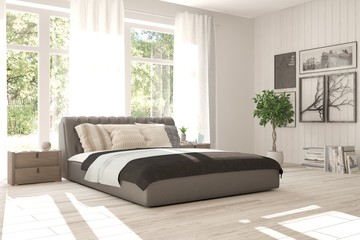 White bedroom with green landscape in window. Scandinavian interior design. 3D illustration