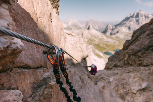 Klettersteig-Set auf dem Paternkofel Klettersteig in den Dolomiten, Italien