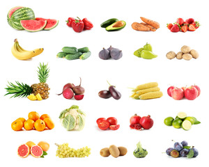 Collage of different fruits and vegetables on white background