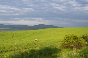 Cyclist on a meadow during sunrise. Slovakia