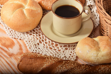 Breakfast with fresh warm bread and coffee