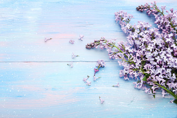 Branch of lilac flowers on wooden table