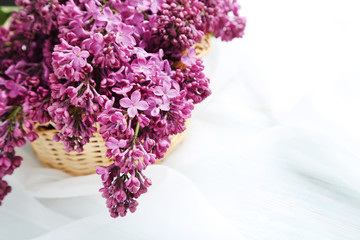Branch of lilac flowers in basket on white cloth