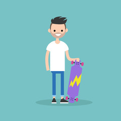 Young bearded citizen holding his long board / Flat editable vector illustration