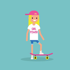 Millennial skater girl wearing t-shirt with Girl power sign / Flat editable vector illustration